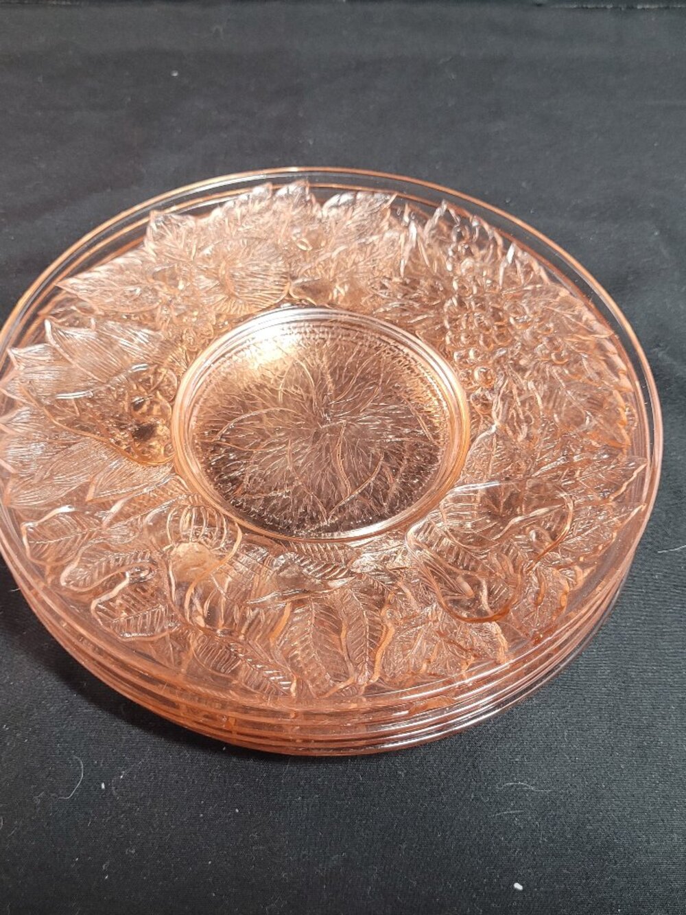 Vintage KIG Indonesia Pink Fruit Glass Plates 7" Diameter Set Of 5